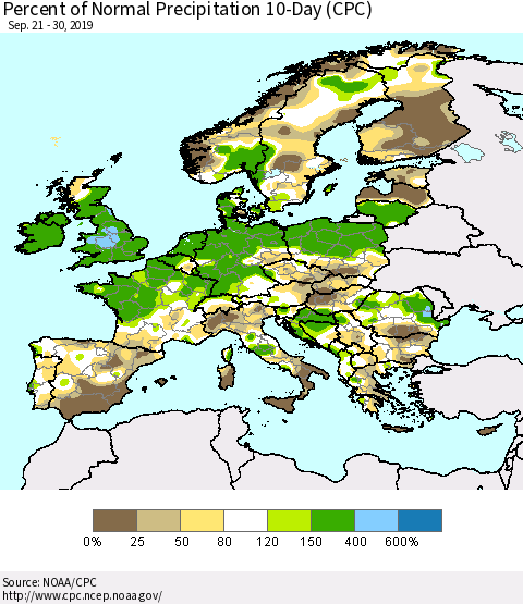 Europe Percent of Normal Precipitation 10-Day (CPC) Thematic Map For 9/21/2019 - 9/30/2019