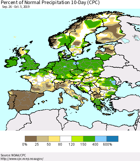 Europe Percent of Normal Precipitation 10-Day (CPC) Thematic Map For 9/26/2019 - 10/5/2019