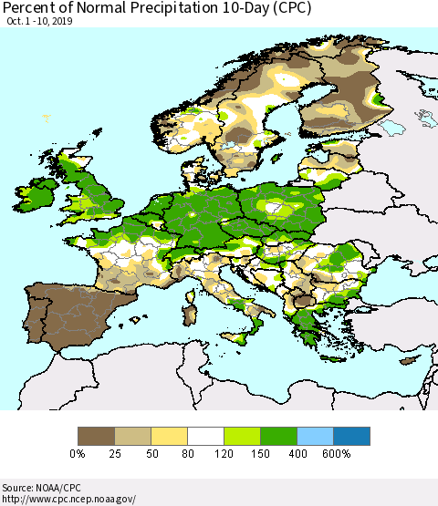 Europe Percent of Normal Precipitation 10-Day (CPC) Thematic Map For 10/1/2019 - 10/10/2019