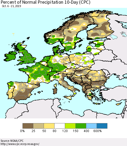 Europe Percent of Normal Precipitation 10-Day (CPC) Thematic Map For 10/6/2019 - 10/15/2019