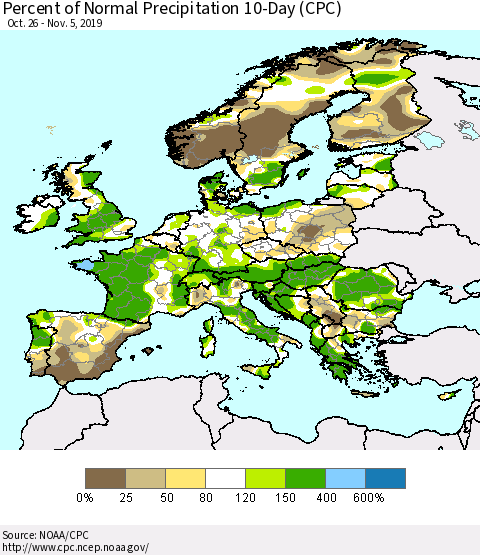 Europe Percent of Normal Precipitation 10-Day (CPC) Thematic Map For 10/26/2019 - 11/5/2019