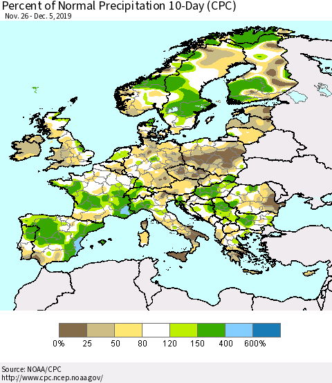 Europe Percent of Normal Precipitation 10-Day (CPC) Thematic Map For 11/26/2019 - 12/5/2019