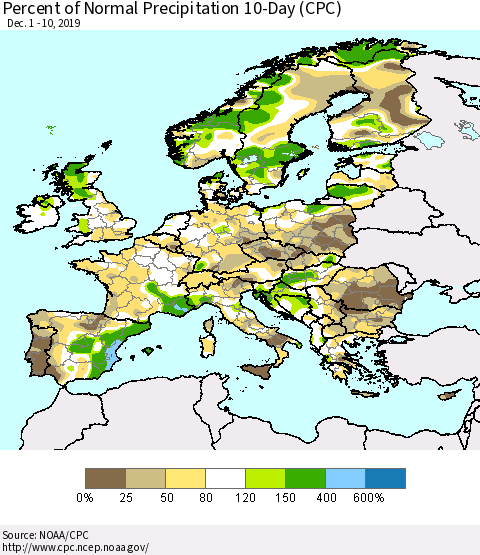 Europe Percent of Normal Precipitation 10-Day (CPC) Thematic Map For 12/1/2019 - 12/10/2019