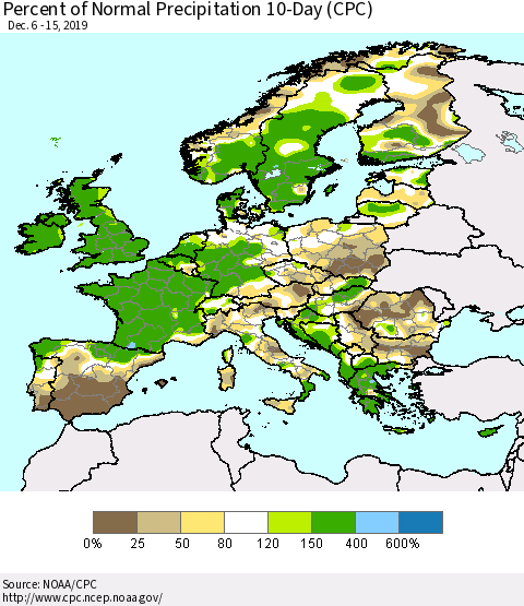 Europe Percent of Normal Precipitation 10-Day (CPC) Thematic Map For 12/6/2019 - 12/15/2019