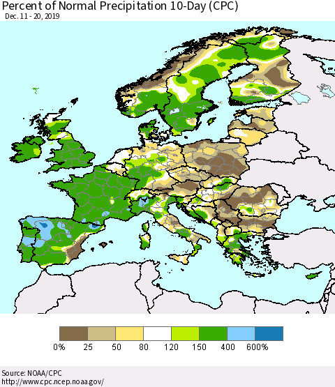 Europe Percent of Normal Precipitation 10-Day (CPC) Thematic Map For 12/11/2019 - 12/20/2019