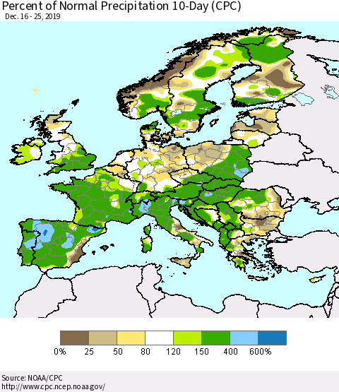 Europe Percent of Normal Precipitation 10-Day (CPC) Thematic Map For 12/16/2019 - 12/25/2019