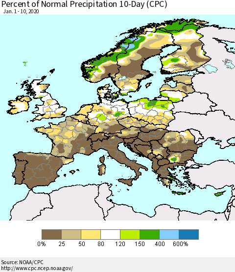 Europe Percent of Normal Precipitation 10-Day (CPC) Thematic Map For 1/1/2020 - 1/10/2020