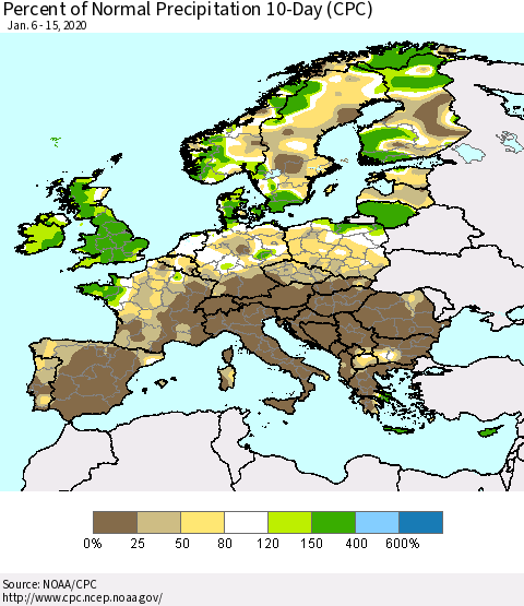 Europe Percent of Normal Precipitation 10-Day (CPC) Thematic Map For 1/6/2020 - 1/15/2020