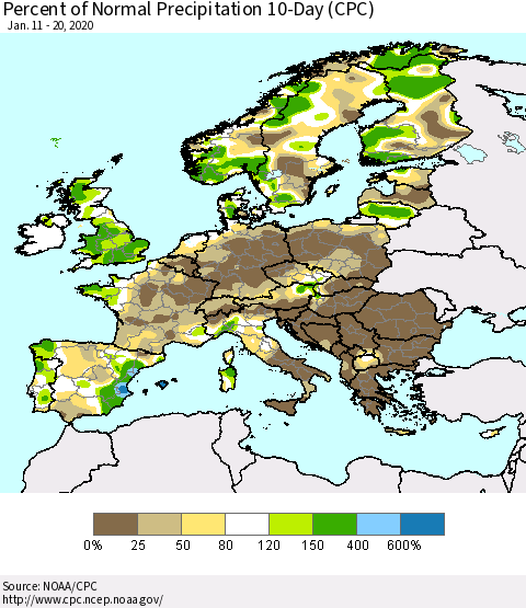 Europe Percent of Normal Precipitation 10-Day (CPC) Thematic Map For 1/11/2020 - 1/20/2020