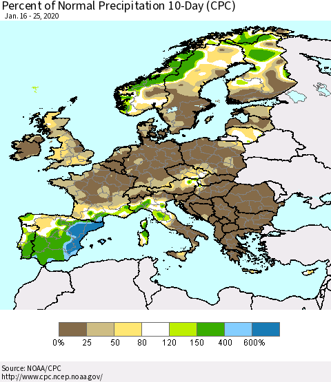 Europe Percent of Normal Precipitation 10-Day (CPC) Thematic Map For 1/16/2020 - 1/25/2020