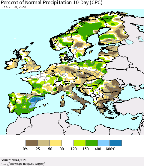 Europe Percent of Normal Precipitation 10-Day (CPC) Thematic Map For 1/21/2020 - 1/31/2020