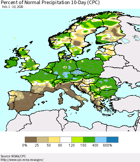 Europe Percent of Normal Precipitation 10-Day (CPC) Thematic Map For 2/1/2020 - 2/10/2020
