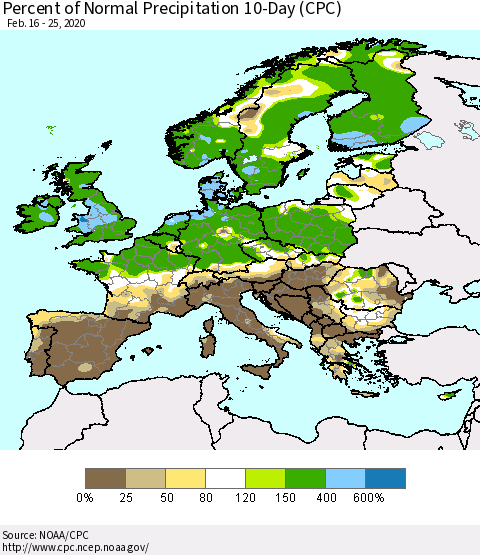 Europe Percent of Normal Precipitation 10-Day (CPC) Thematic Map For 2/16/2020 - 2/25/2020