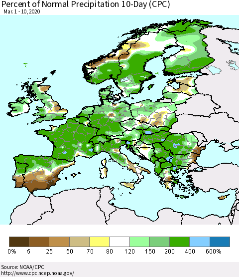Europe Percent of Normal Precipitation 10-Day (CPC) Thematic Map For 3/1/2020 - 3/10/2020