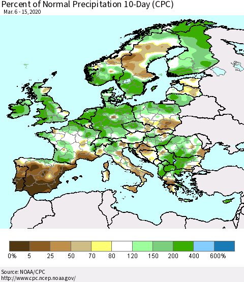 Europe Percent of Normal Precipitation 10-Day (CPC) Thematic Map For 3/6/2020 - 3/15/2020