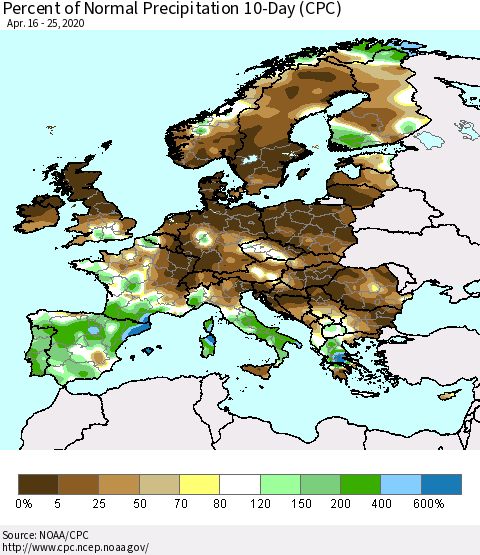 Europe Percent of Normal Precipitation 10-Day (CPC) Thematic Map For 4/16/2020 - 4/25/2020