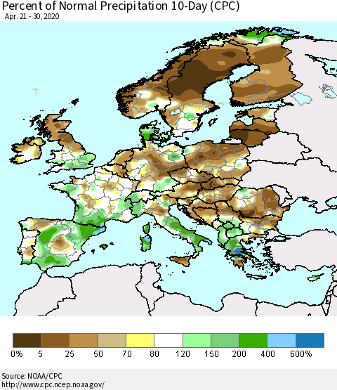 Europe Percent of Normal Precipitation 10-Day (CPC) Thematic Map For 4/21/2020 - 4/30/2020