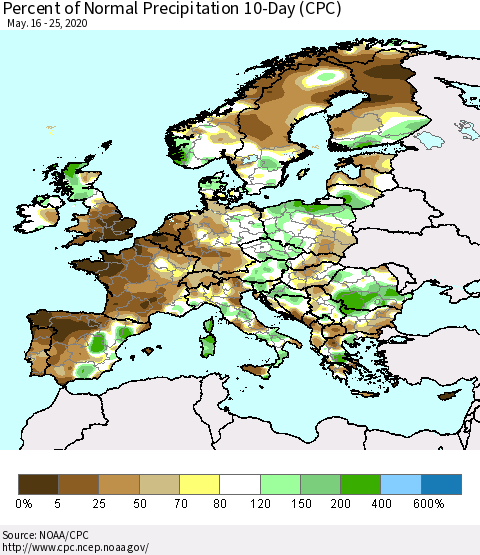 Europe Percent of Normal Precipitation 10-Day (CPC) Thematic Map For 5/16/2020 - 5/25/2020