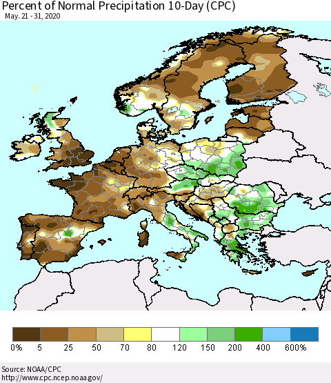 Europe Percent of Normal Precipitation 10-Day (CPC) Thematic Map For 5/21/2020 - 5/31/2020