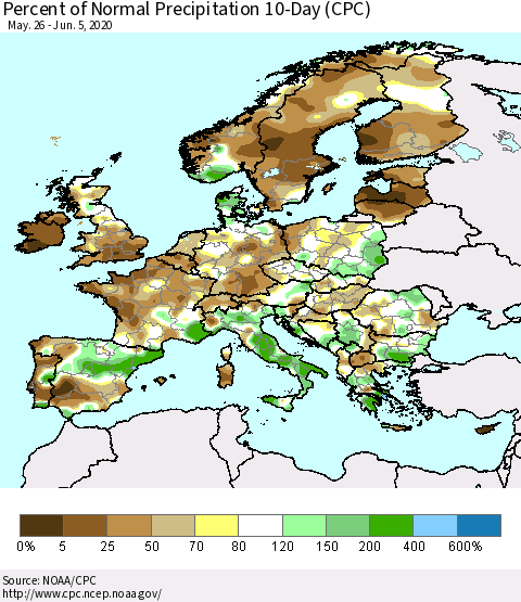 Europe Percent of Normal Precipitation 10-Day (CPC) Thematic Map For 5/26/2020 - 6/5/2020