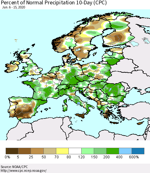 Europe Percent of Normal Precipitation 10-Day (CPC) Thematic Map For 6/6/2020 - 6/15/2020