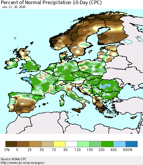 Europe Percent of Normal Precipitation 10-Day (CPC) Thematic Map For 6/11/2020 - 6/20/2020