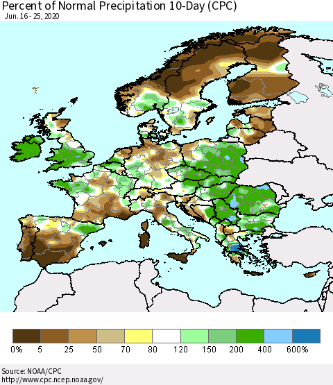 Europe Percent of Normal Precipitation 10-Day (CPC) Thematic Map For 6/16/2020 - 6/25/2020