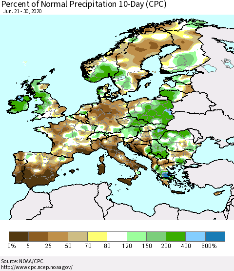 Europe Percent of Normal Precipitation 10-Day (CPC) Thematic Map For 6/21/2020 - 6/30/2020