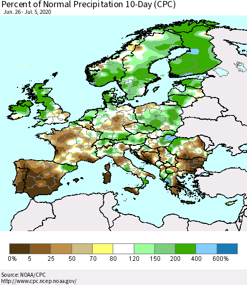 Europe Percent of Normal Precipitation 10-Day (CPC) Thematic Map For 6/26/2020 - 7/5/2020