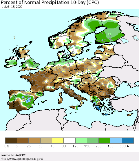 Europe Percent of Normal Precipitation 10-Day (CPC) Thematic Map For 7/6/2020 - 7/15/2020