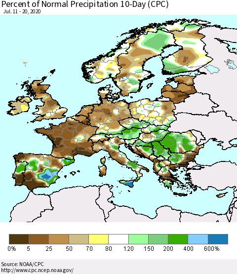 Europe Percent of Normal Precipitation 10-Day (CPC) Thematic Map For 7/11/2020 - 7/20/2020