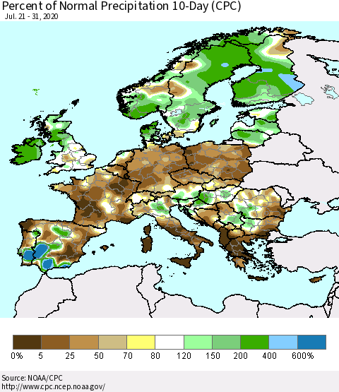 Europe Percent of Normal Precipitation 10-Day (CPC) Thematic Map For 7/21/2020 - 7/31/2020