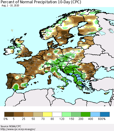 Europe Percent of Normal Precipitation 10-Day (CPC) Thematic Map For 8/1/2020 - 8/10/2020