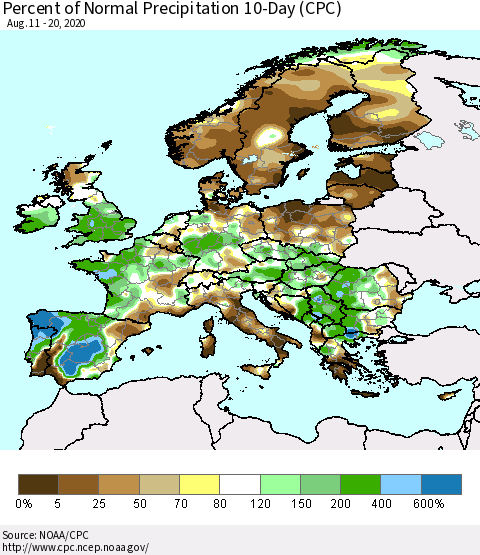 Europe Percent of Normal Precipitation 10-Day (CPC) Thematic Map For 8/11/2020 - 8/20/2020