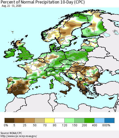Europe Percent of Normal Precipitation 10-Day (CPC) Thematic Map For 8/21/2020 - 8/31/2020