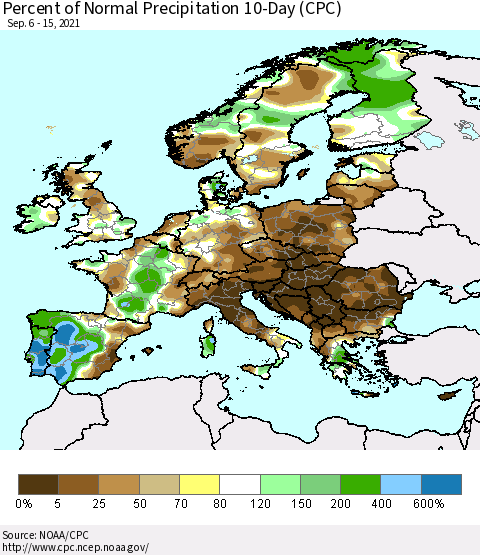 Europe Percent of Normal Precipitation 10-Day (CPC) Thematic Map For 9/6/2021 - 9/15/2021