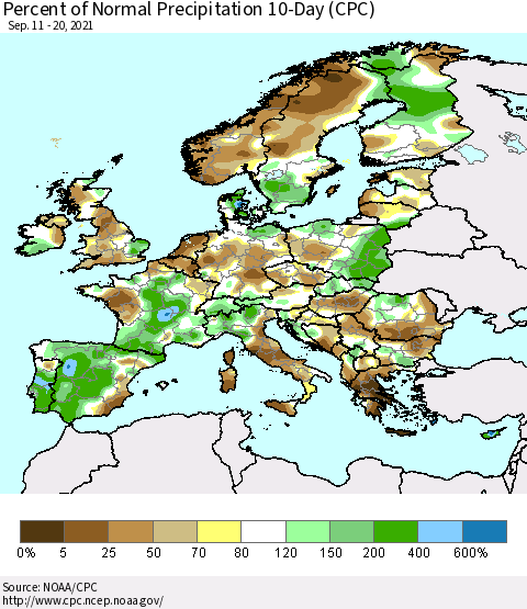 Europe Percent of Normal Precipitation 10-Day (CPC) Thematic Map For 9/11/2021 - 9/20/2021