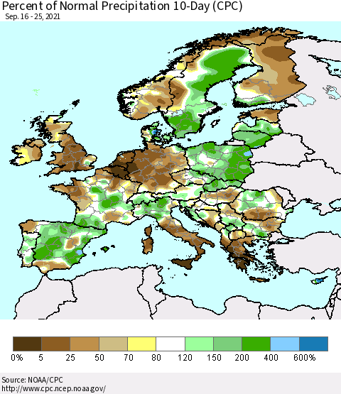 Europe Percent of Normal Precipitation 10-Day (CPC) Thematic Map For 9/16/2021 - 9/25/2021