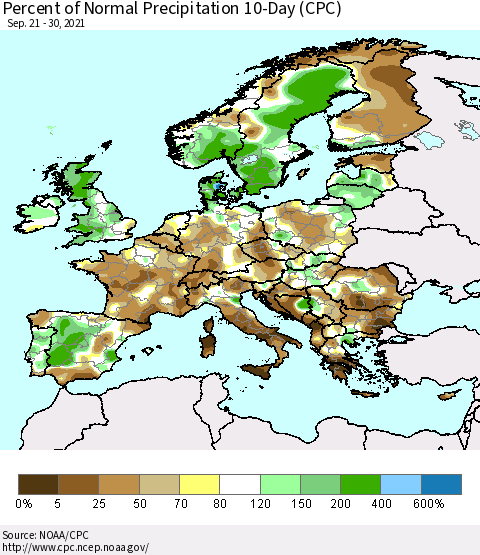Europe Percent of Normal Precipitation 10-Day (CPC) Thematic Map For 9/21/2021 - 9/30/2021