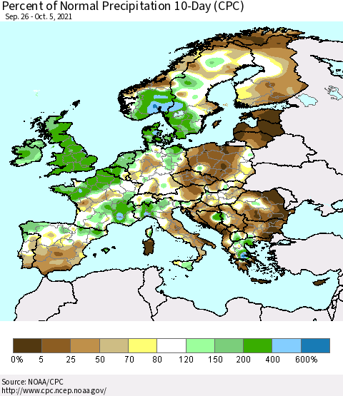 Europe Percent of Normal Precipitation 10-Day (CPC) Thematic Map For 9/26/2021 - 10/5/2021