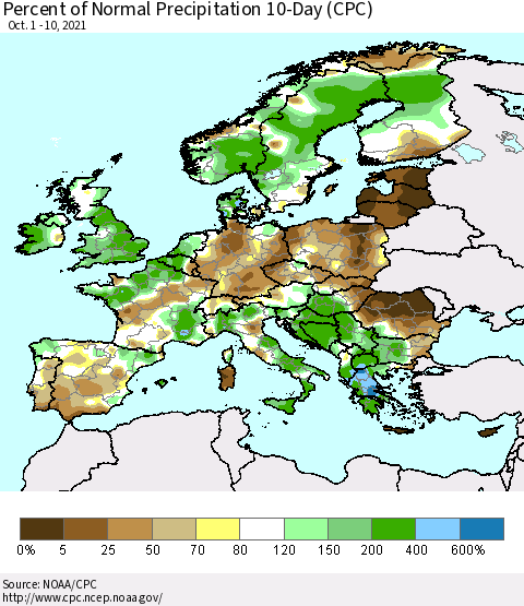 Europe Percent of Normal Precipitation 10-Day (CPC) Thematic Map For 10/1/2021 - 10/10/2021