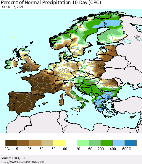 Europe Percent of Normal Precipitation 10-Day (CPC) Thematic Map For 10/6/2021 - 10/15/2021