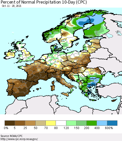 Europe Percent of Normal Precipitation 10-Day (CPC) Thematic Map For 10/11/2021 - 10/20/2021