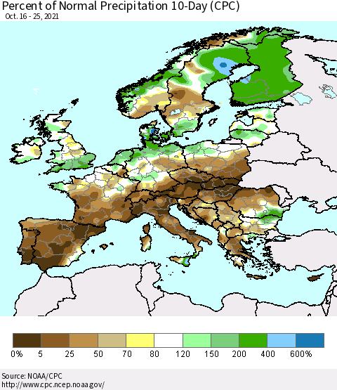 Europe Percent of Normal Precipitation 10-Day (CPC) Thematic Map For 10/16/2021 - 10/25/2021