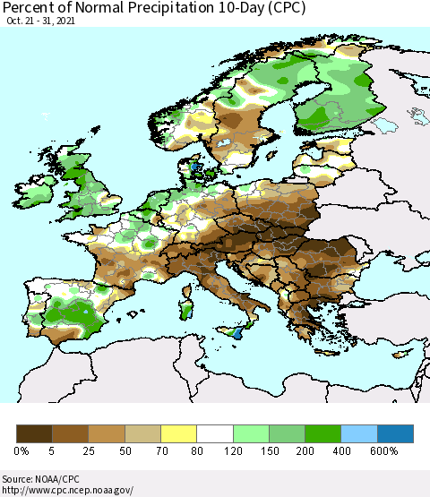 Europe Percent of Normal Precipitation 10-Day (CPC) Thematic Map For 10/21/2021 - 10/31/2021