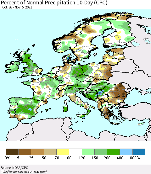 Europe Percent of Normal Precipitation 10-Day (CPC) Thematic Map For 10/26/2021 - 11/5/2021