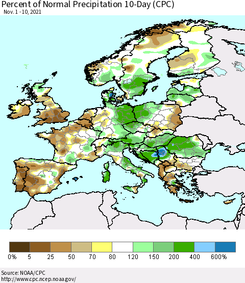 Europe Percent of Normal Precipitation 10-Day (CPC) Thematic Map For 11/1/2021 - 11/10/2021