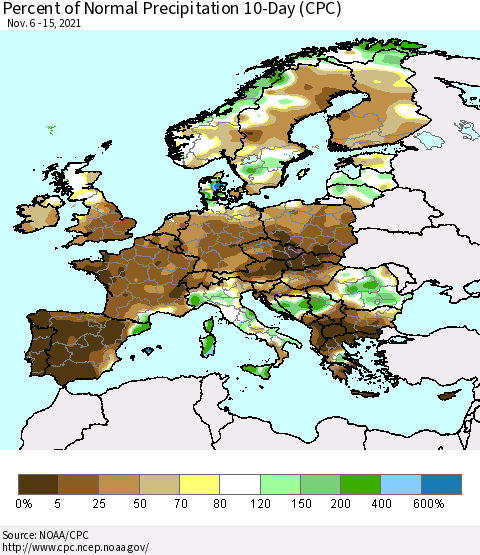 Europe Percent of Normal Precipitation 10-Day (CPC) Thematic Map For 11/6/2021 - 11/15/2021