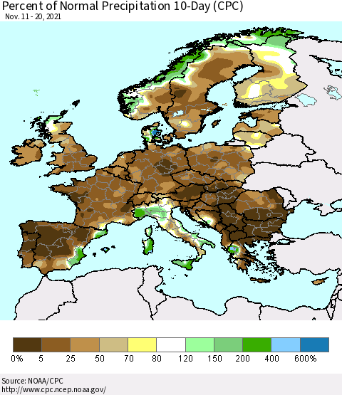 Europe Percent of Normal Precipitation 10-Day (CPC) Thematic Map For 11/11/2021 - 11/20/2021