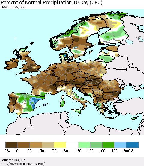 Europe Percent of Normal Precipitation 10-Day (CPC) Thematic Map For 11/16/2021 - 11/25/2021